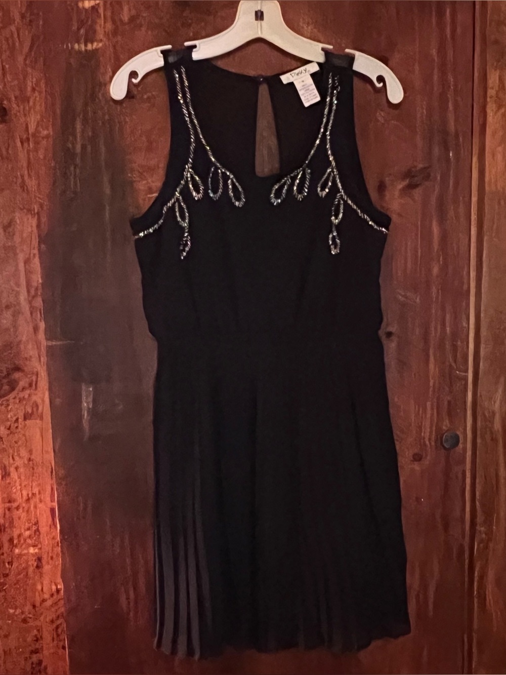 Pinky Black Sleeveless Mini Dress with Beaded Leaf Accents